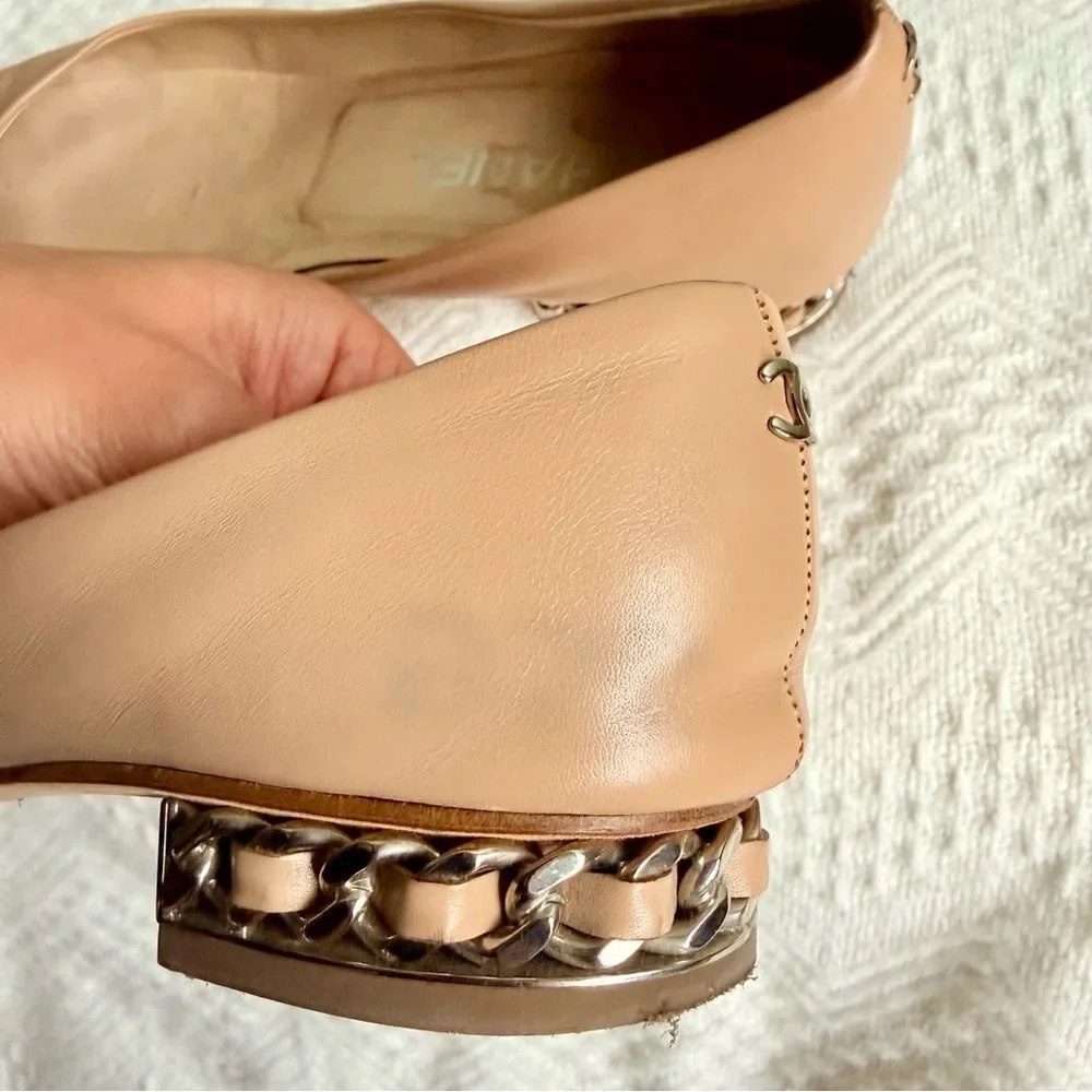 Chanel Beige/Black Leather Cap Toe Chain Ballet Flats Size US 6.5 / EU 37